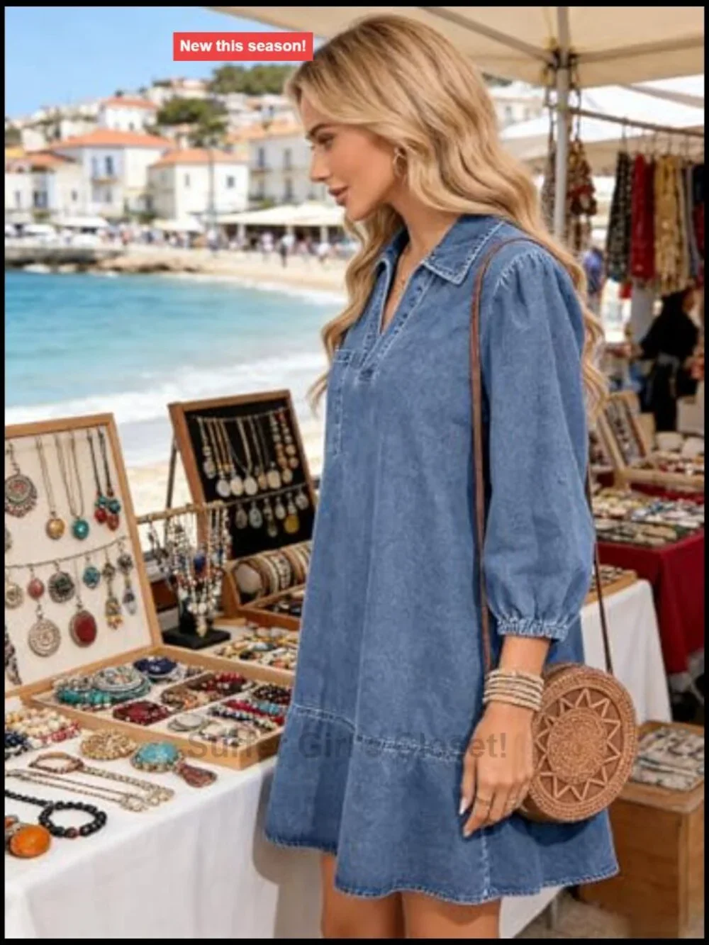 Women's Casual Shift Denim Dress 3/4 Sleeve V-Neck with Pockets